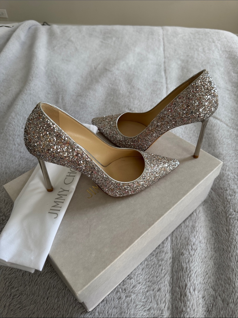 Jimmy Choo Glitter Pointed Pumps in Rose Gold and Silver size 37 worn once